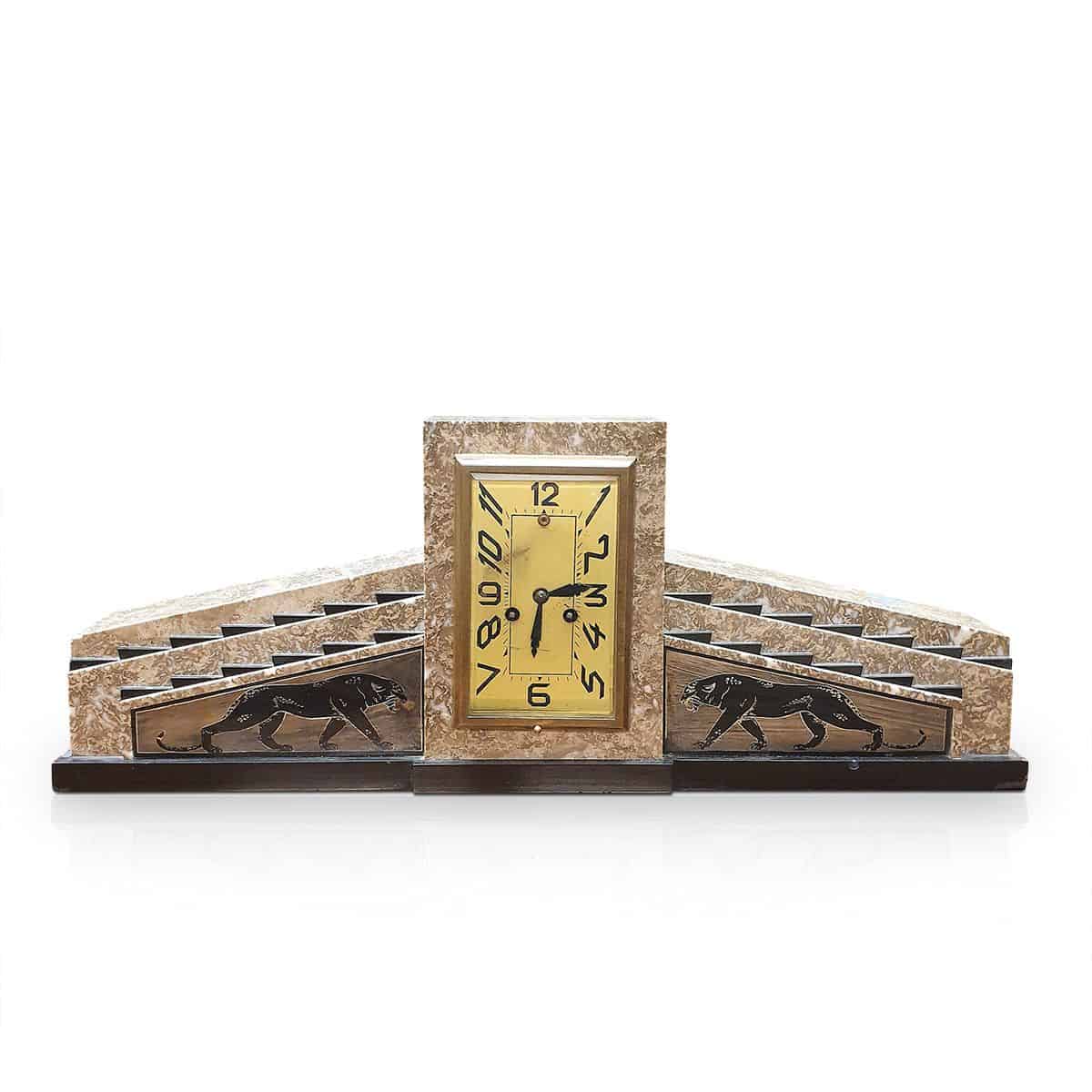Art Deco Marble mantel clock with inlaid panthers 1930s