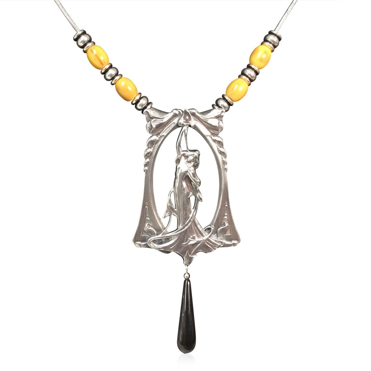 Art Nouveau inspired Maiden Necklace with vintage amber coloured beads