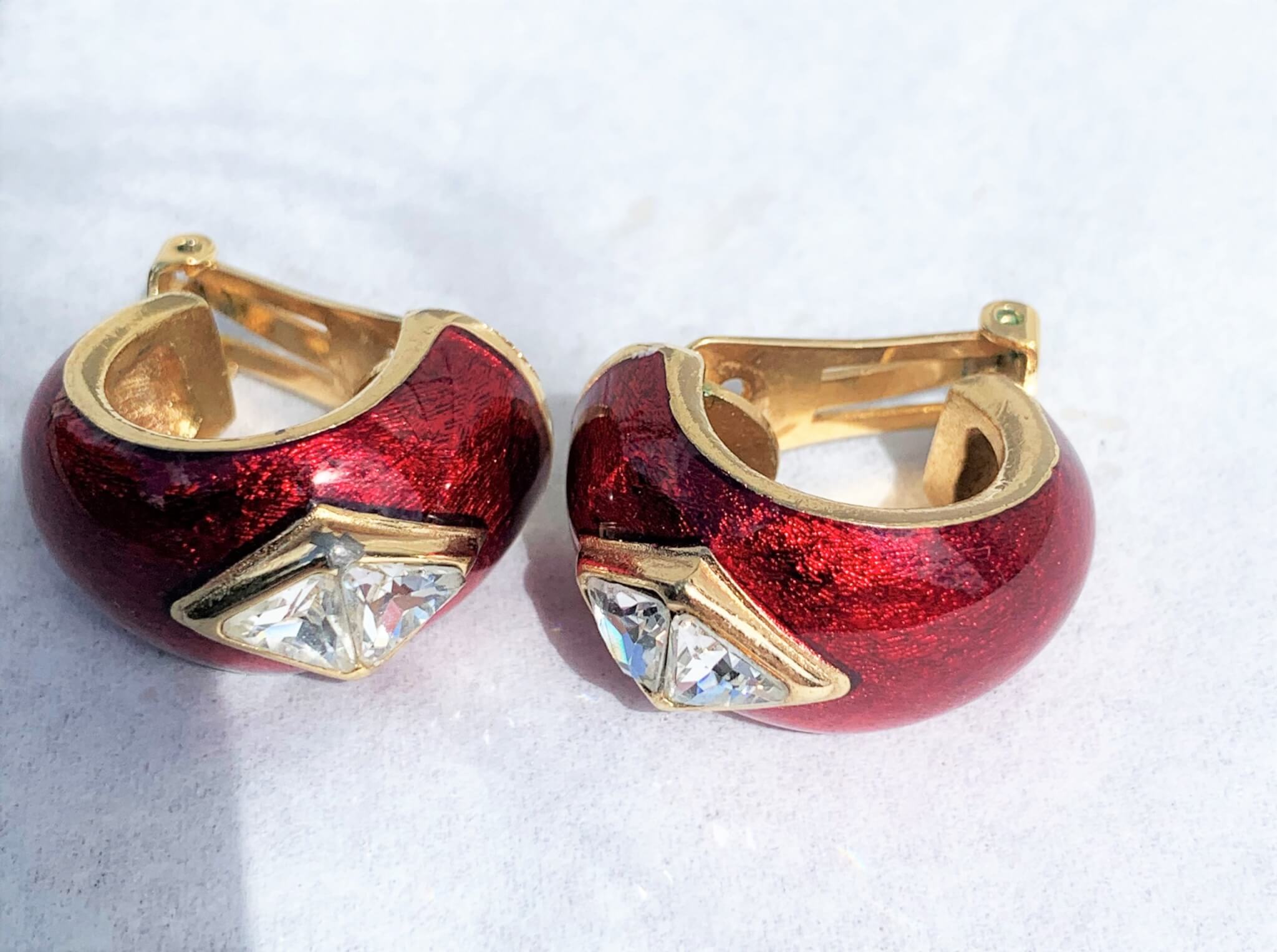 Christian Dior red enamel and glass hoop earrings