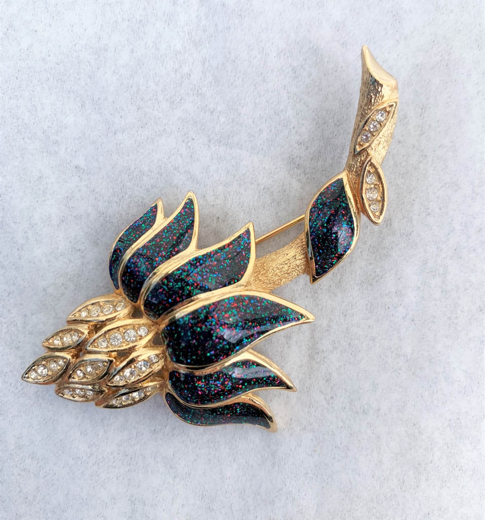Green and red enamel with diamante and pearls brooch