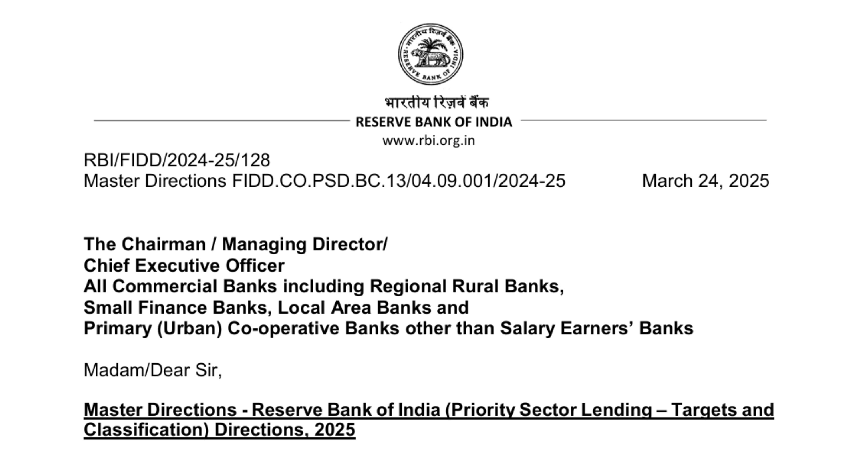 Priority Sector Lending 2025 RBI