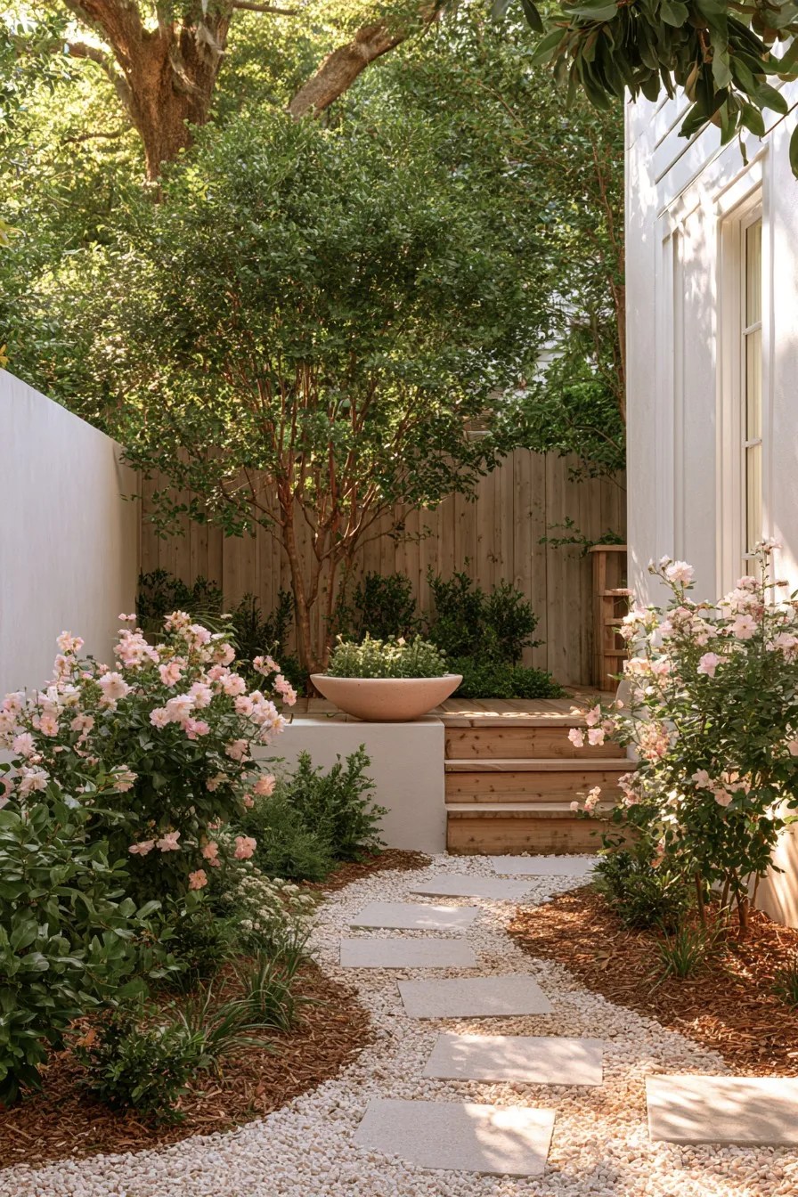 Courtyard layout using a diagonal view toward a focal planter