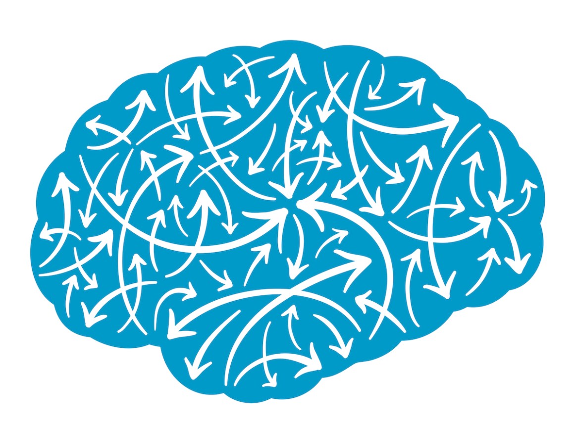 Cognitive bias Vector illustration of the silhouette of a human brain filled with multidirectional arrows pointing haphazardly in random directions depicting mental activity, energy and intelligence