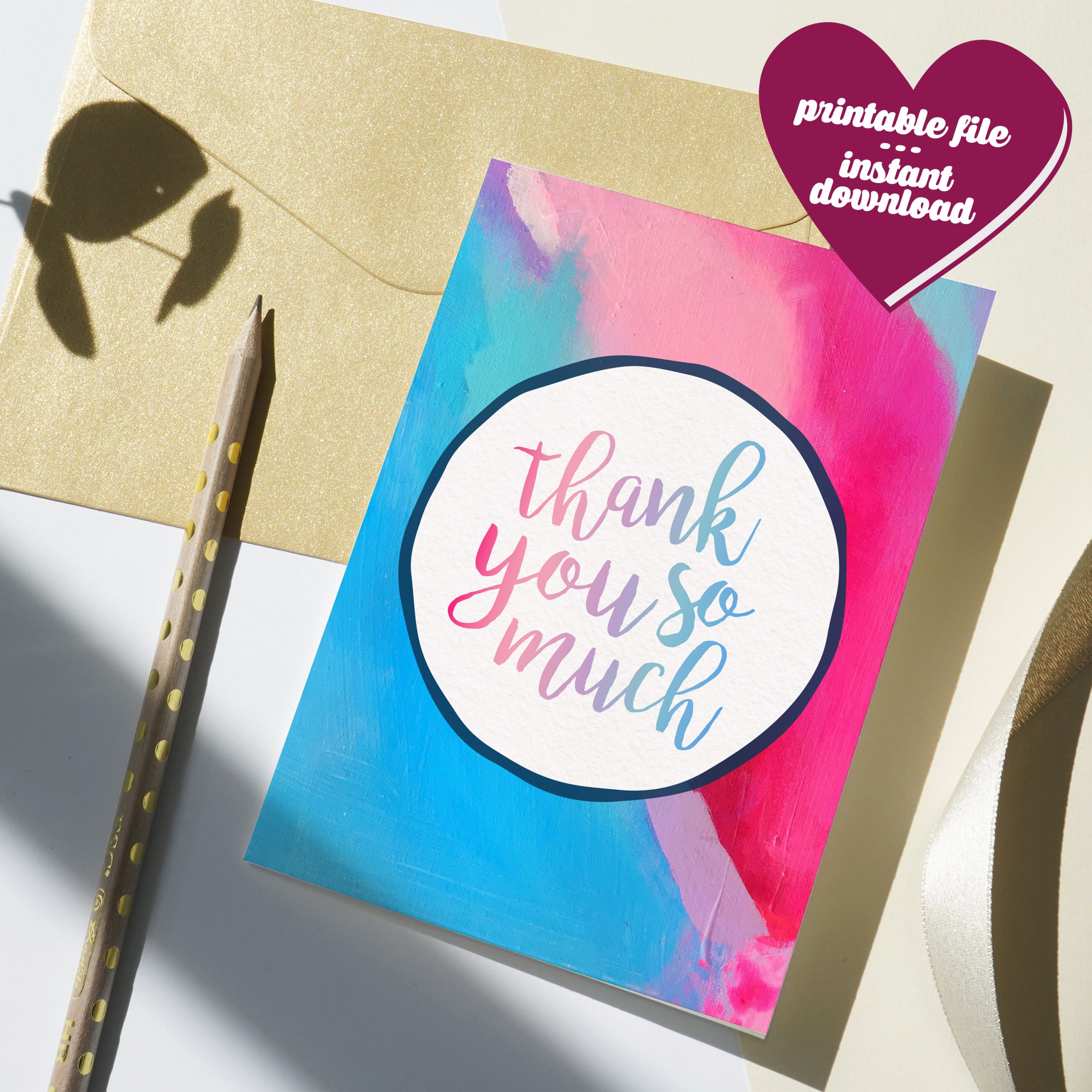 Thank You Card with tones of pink and blue watercolors