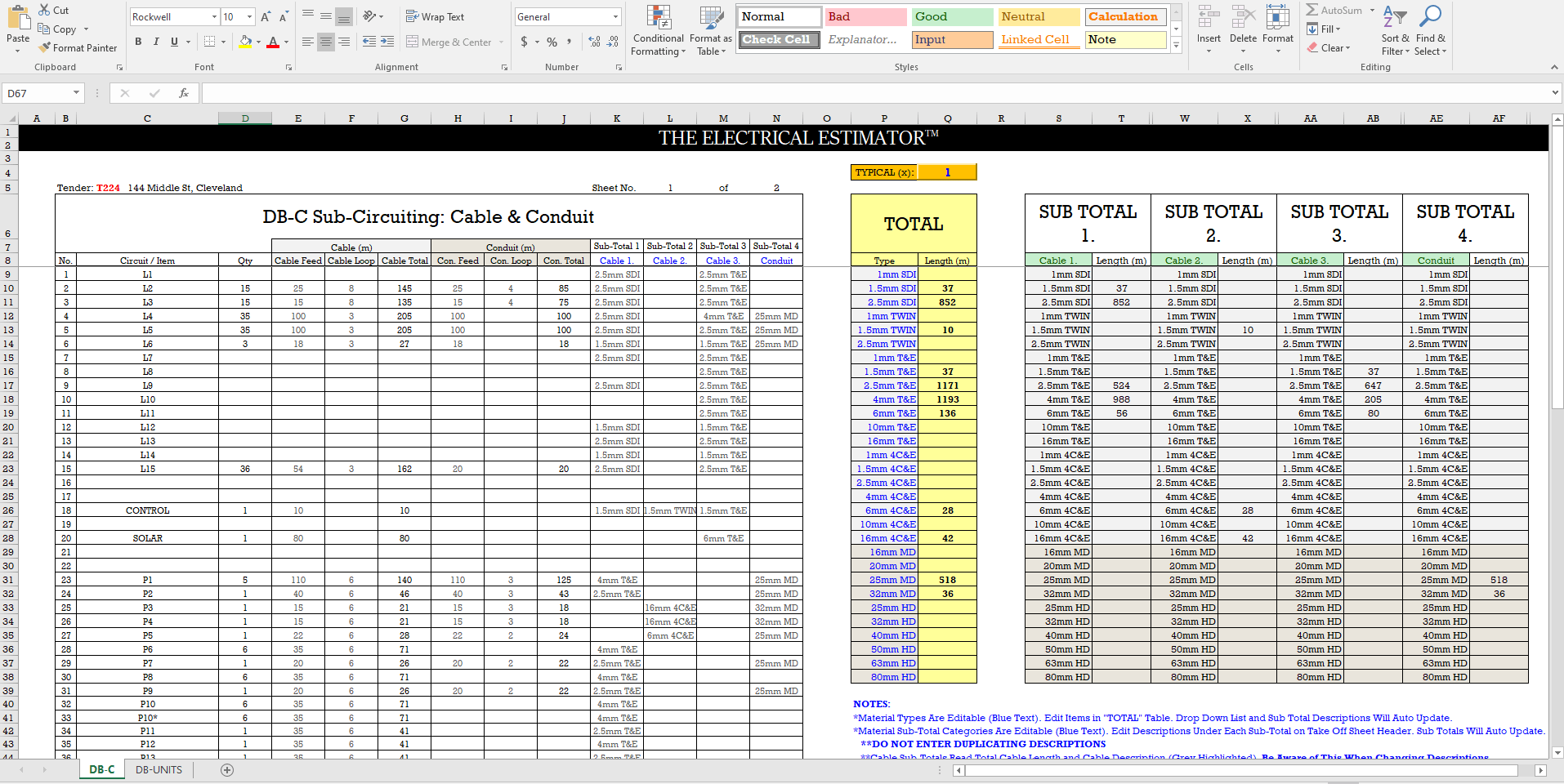 Excel Sub-Circuit Sheet