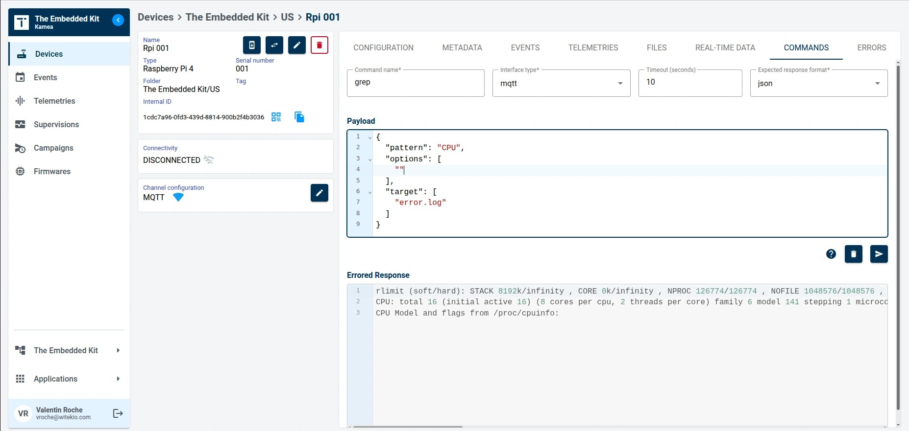Send commands iot with Kamea device management platform