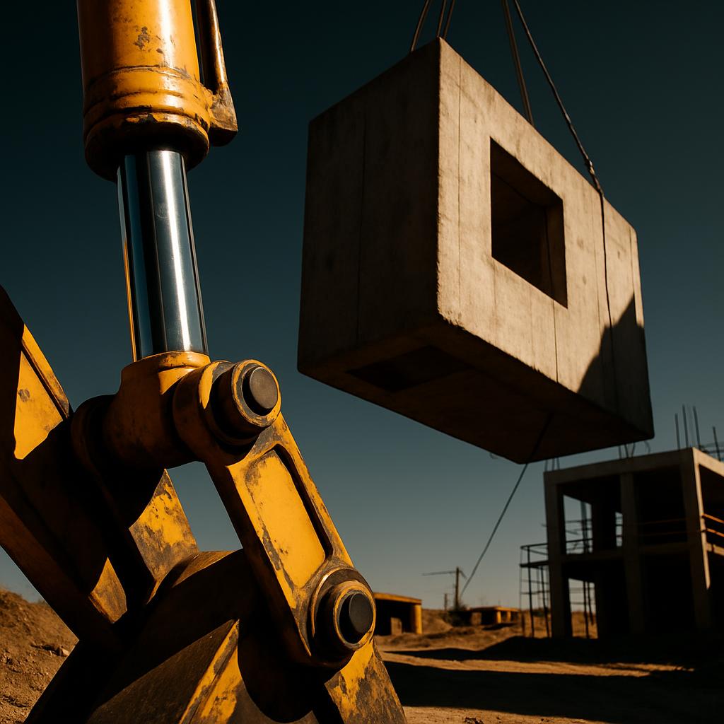An excavator is lifting a large concrete block with a square hole in it. It appears that the block may be pre-cast reinfor...