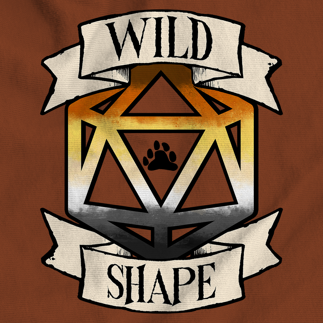 Fan texas orange colored fabric with a design printed on the front. The design has a D20 with the bear pride flag in it. Around the D20 there is a banner with the text "Wild Shape"