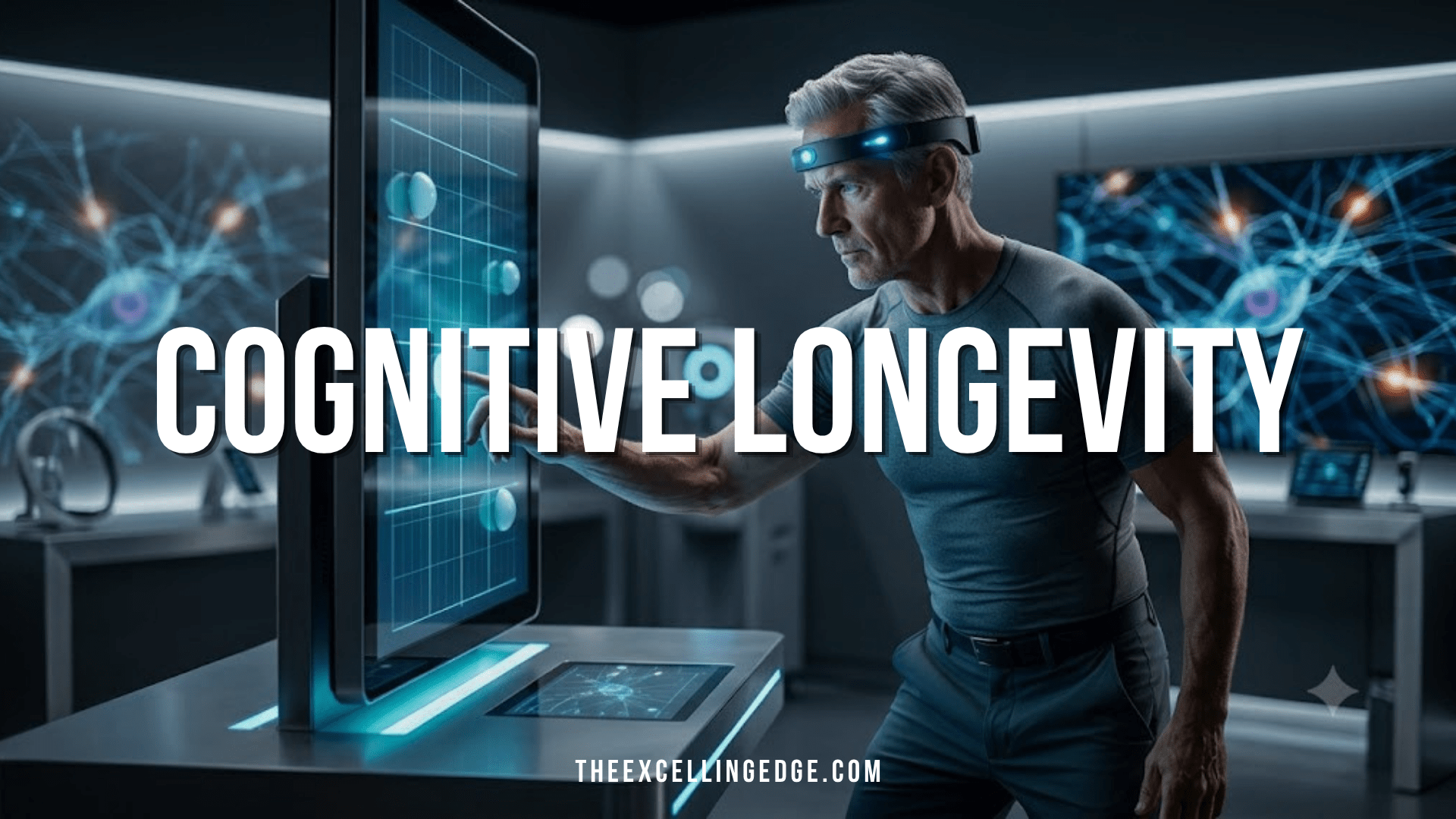 Fit older executive wearing stroboscopic glasses training reaction time on a digital sensory station in a high-tech neuro performance lab.