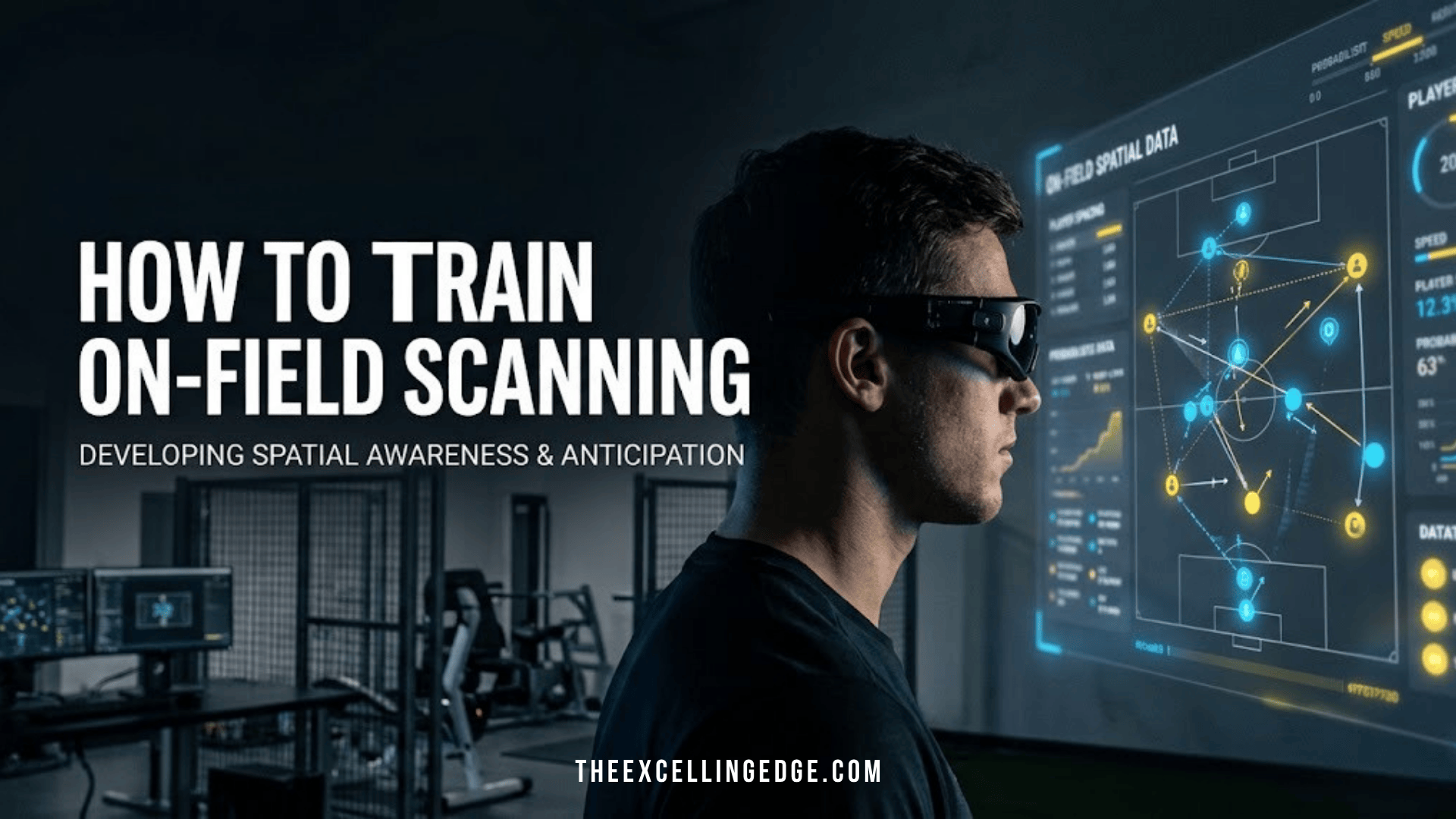 Profile of an invasion sports athlete wearing visual sensory equipment for scanning and spatial awareness training.