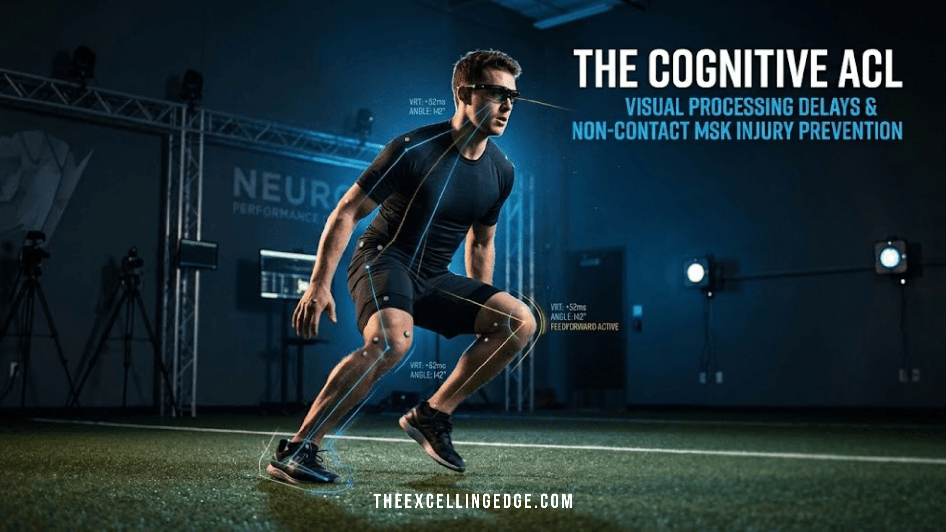 An elite athlete wearing stroboscopic eyewear executes a reactive lateral cut during a dual-task neurocognitive assessment inside the Neuro Performance Center.