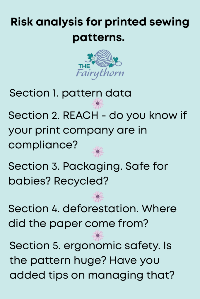 Text Reads:
Risk analysis for printed sewing patterns.
Section 1: pattern data
Section 2. REACH - do you know if your print company are in compliance?
Section 3: Packaging. Safe for babies? Recycled?
Section 4. Deforestation. Where did the paper come from?
Section 5. Ergonomic safety. Is the pattern huge? Have you added tips on managing that?