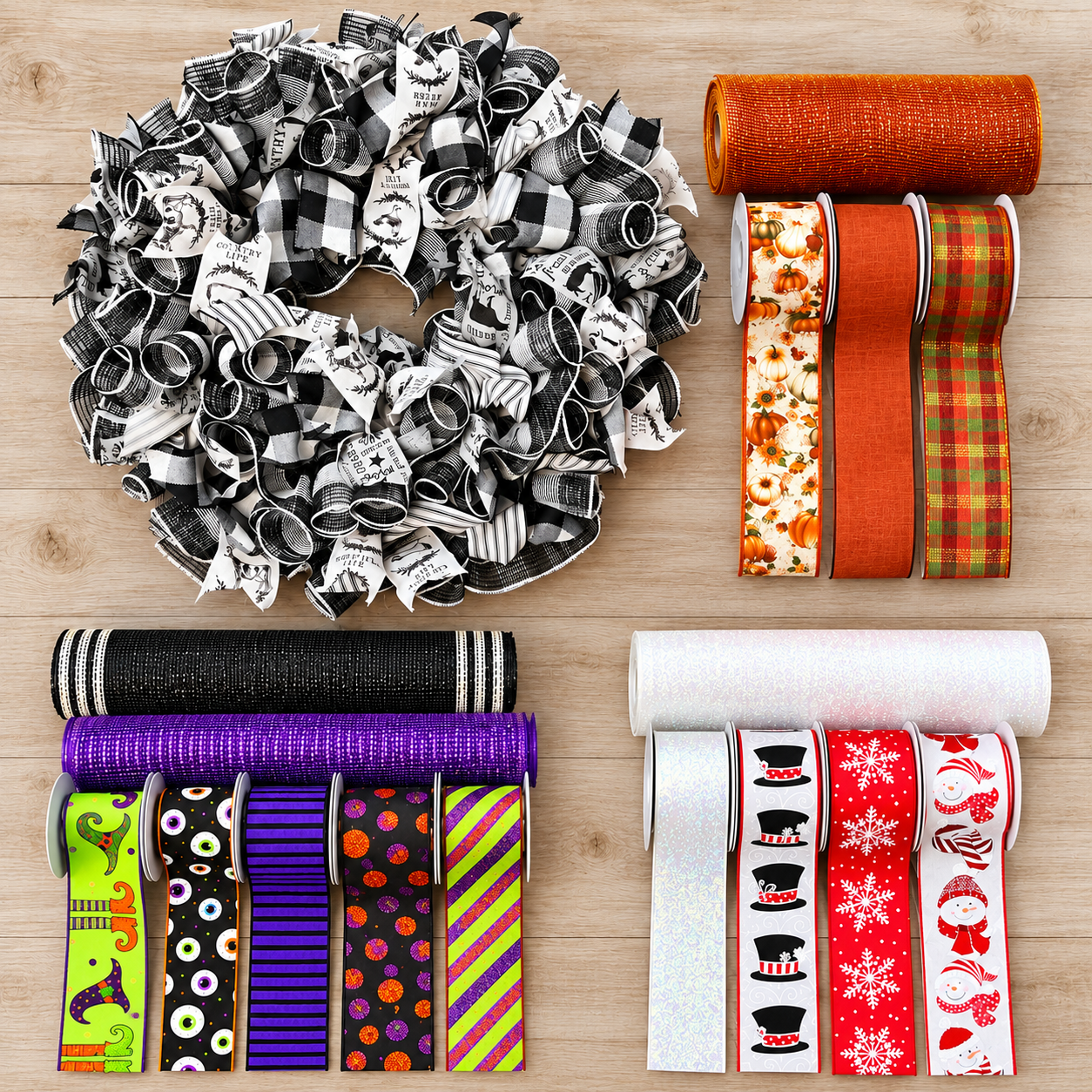 Black-and-white farmhouse ribbon wreath displayed with coordinated fall, Halloween, and Christmas mesh and ribbon rolls on a light wood background.