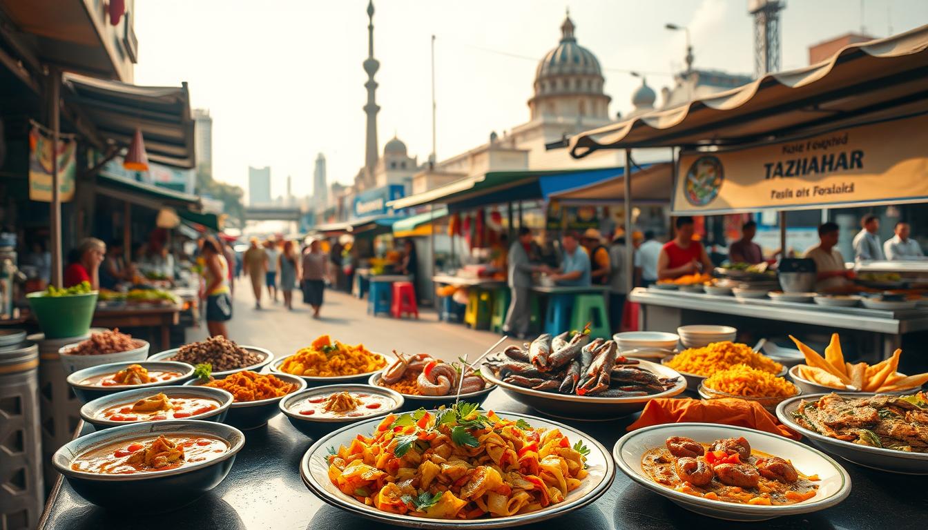 A vibrant culinary landscape unfolds, showcasing a diverse array of global flavors. In the foreground, a table is set with an array of tantalizing dishes - fragrant curries, artfully plated seafood, and a mouthwatering selection of local delicacies. The middle ground features lively street vendors, their stalls brimming with colorful produce and sizzling grills. In the background, iconic landmarks and bustling cityscapes provide a captivating backdrop, hinting at the cultural richness of these culinary destinations. Warm, natural lighting casts a golden glow, evoking a sense of warmth and exploration. The scene is captured through a wide-angle lens, inviting the viewer to immerse themselves in this delectable adventure.