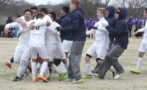 Stephenville players celebrate their stunning upset of Waco University in a penalty kick shootout after a scoreless tie to complete their championship run through the Knights of Columbus Challenge of Champions. || TheFlashToday.com photo by BRAD KEITH