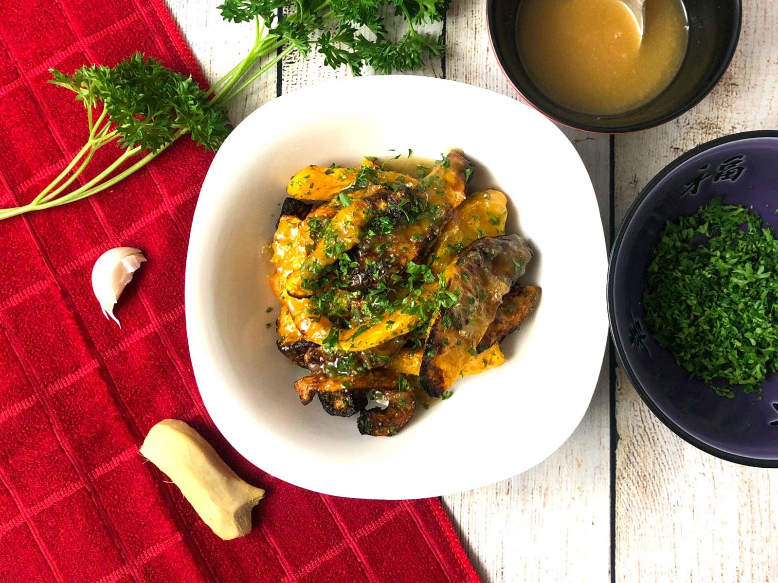 air fried butternut squash with ginger honey butter sauce