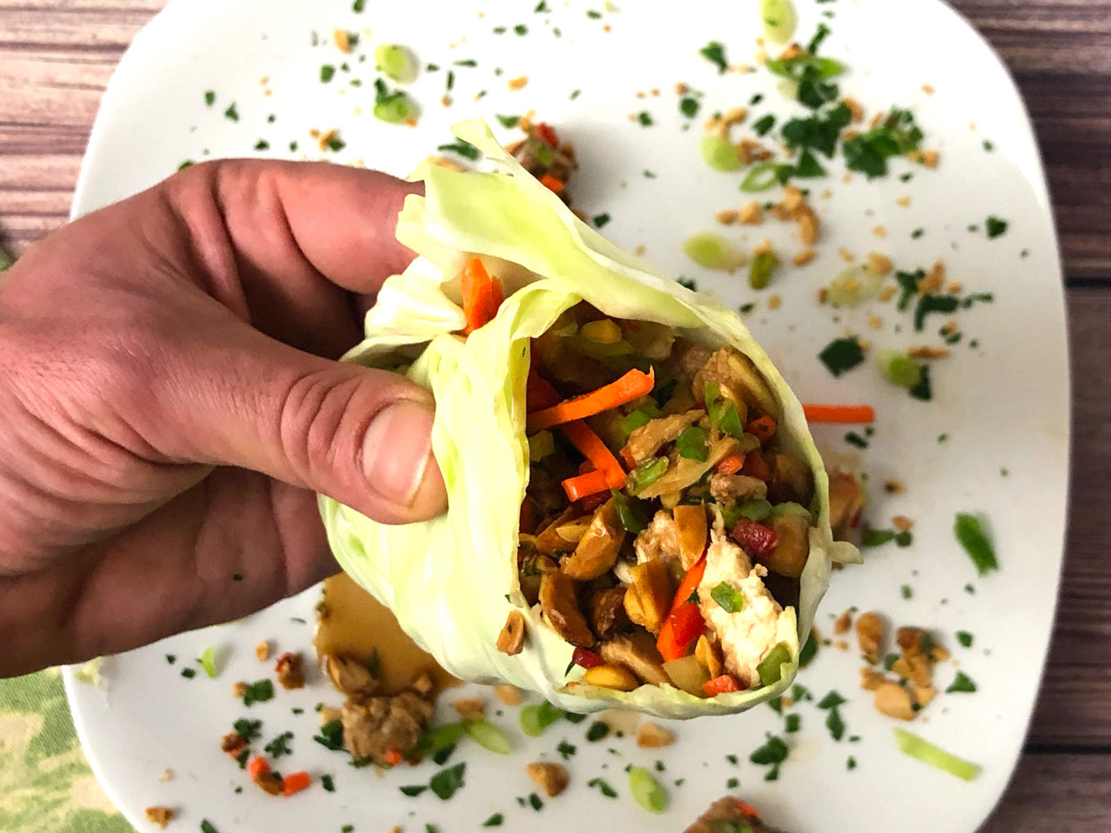 close up side view of asian chicken cabbage wrap with julienne carrot and red bell peppers