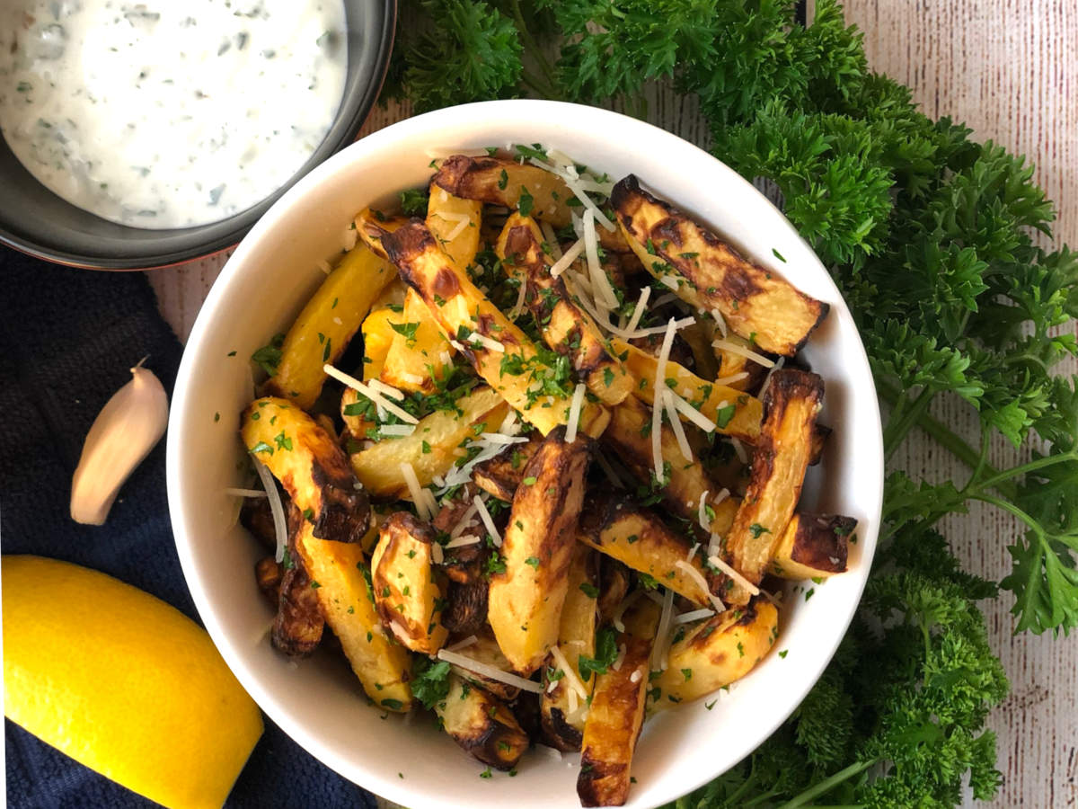 rutabaga fries with herb garlic yogurt