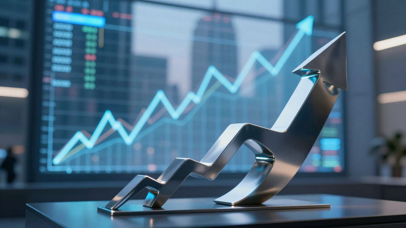 Modern cityscape with abstract financial market visuals.