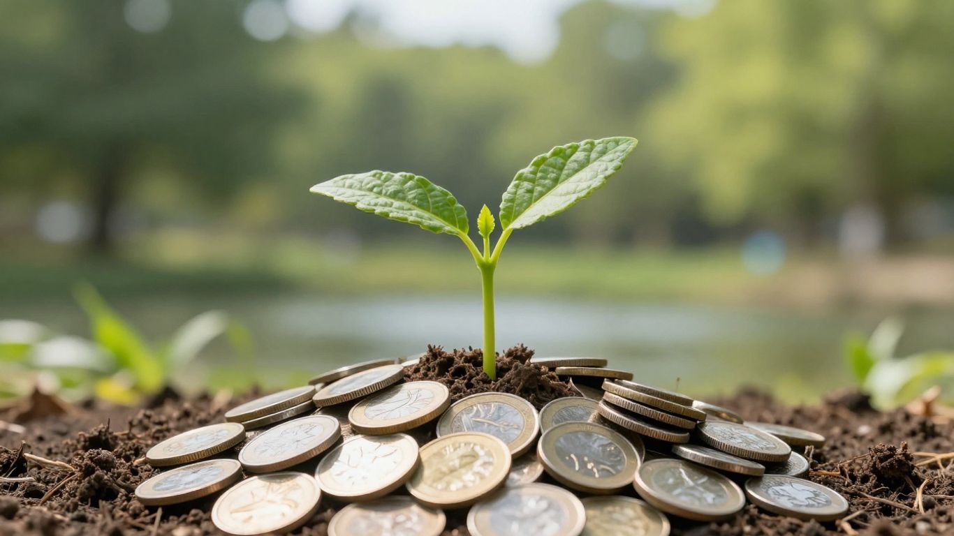 Green seedling growing from coins with nature background.