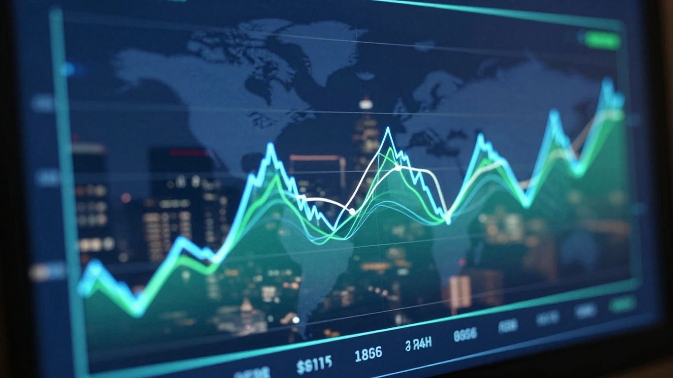 Forex trading interface with abstract light lines.
