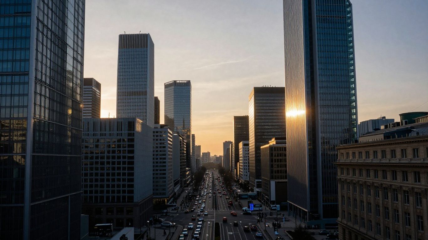 European market opening time, dawn cityscape, financial district