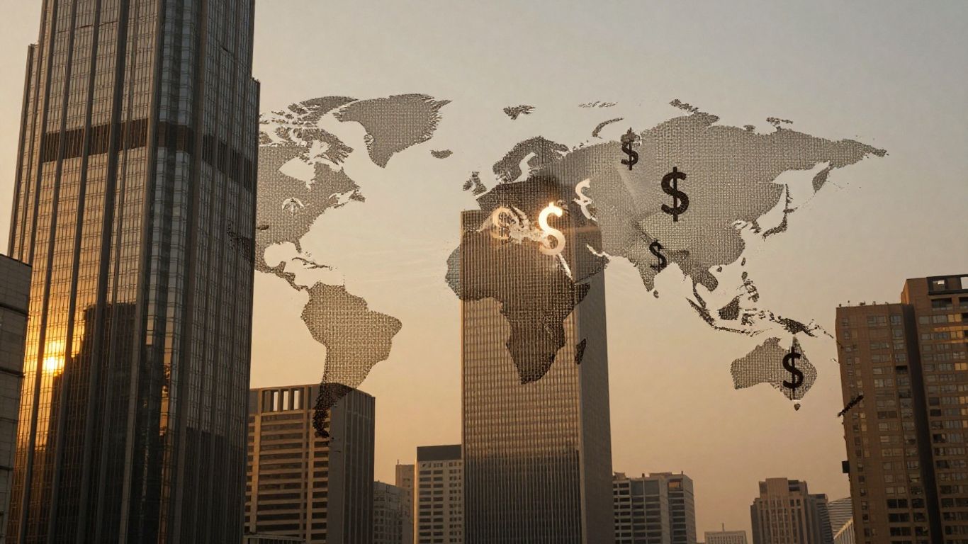 Forex trading cityscape at sunrise with currency symbols.