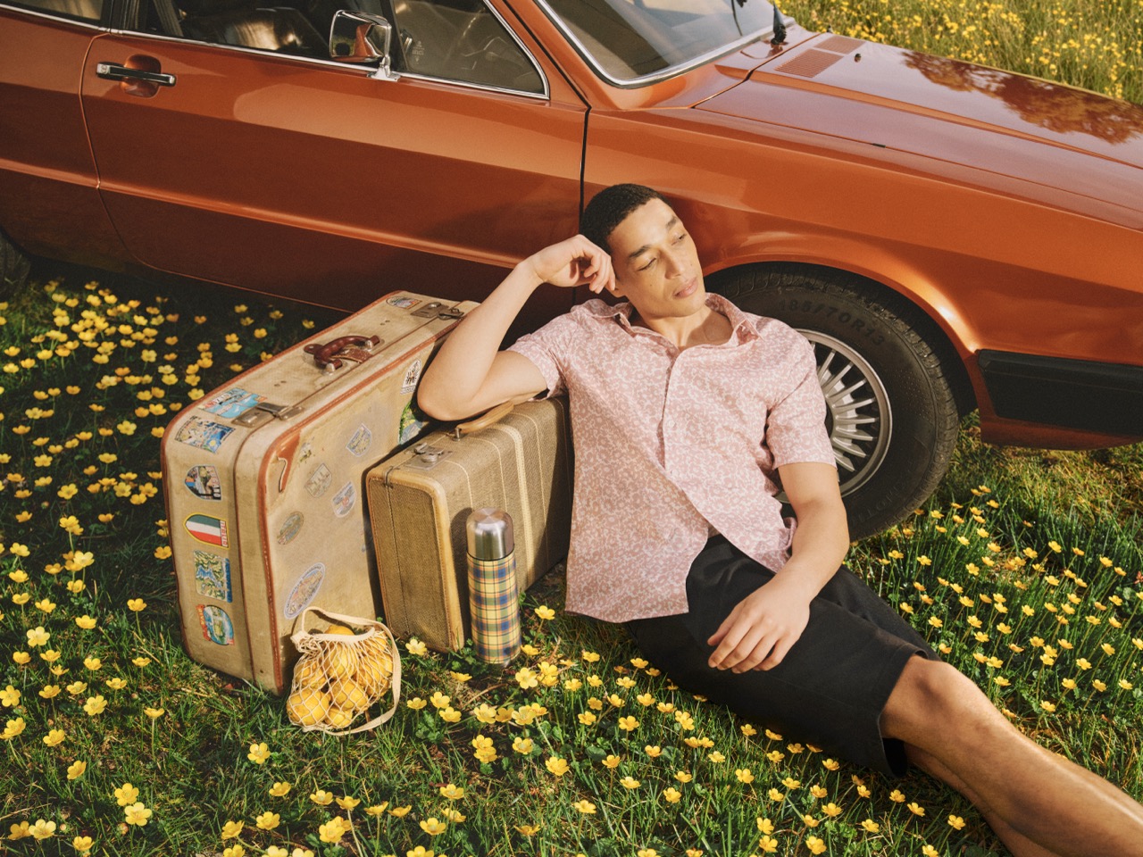 The Forge - A man relaxes on grass next to a vintage car, leaning on two suitcases with travel stickers. He is surrounded by yellow wildflowers, with a flask and a string bag of oranges nearby.