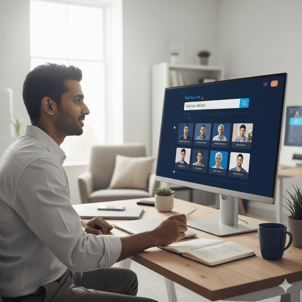 Man trying to find a remote mentor on his company's webiste