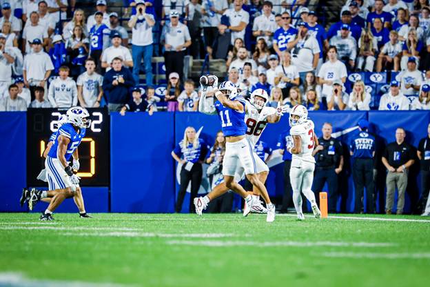 Faletau Satuala intercepts a Stanford pass (Photo by BYU Athletics)