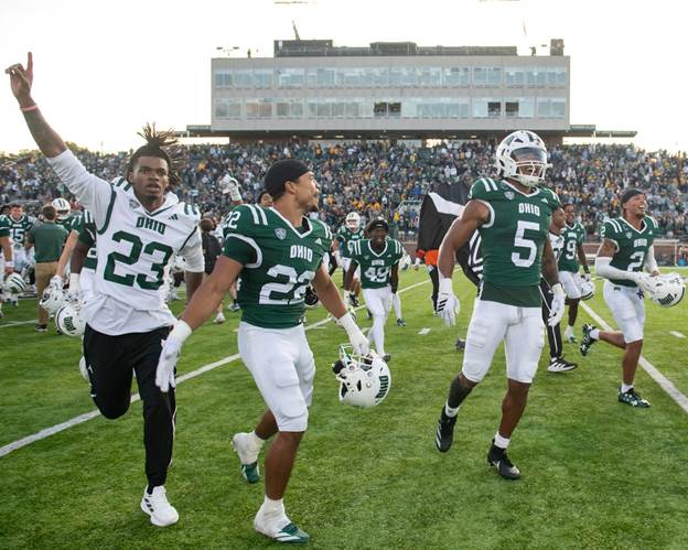 The Ohio Bobcats celebrate their upset of West Virginia (Photo by Ohio Athletics)