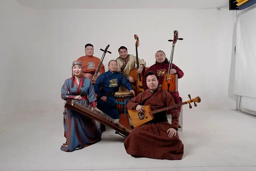 Khusugtun and Batzorig Vaanchig, the internationally celebrated Mongolian ensemble famed for their throat singing and traditional steppe instruments.