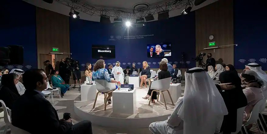 A panel discussion titled 'Taming Trade' featuring various experts discussing supply chain resilience and innovation during geopolitical shifts, held at the Annual Meetings of the Global Future Councils in Dubai.