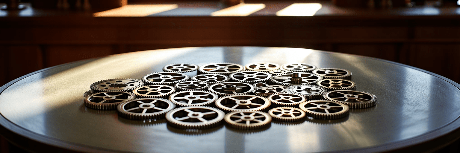 Interconnected gears moving in unison.