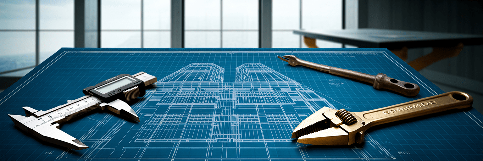 Blueprint and precision tools on an architect's table