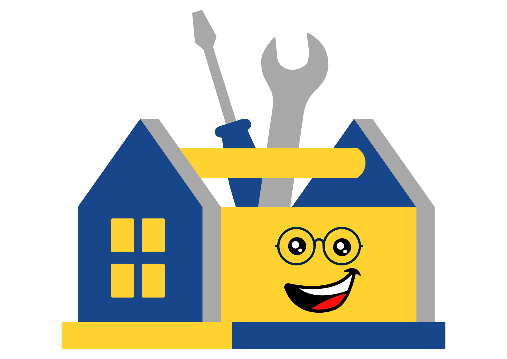 The Friendly Fixer logo with smiling house-shaped toolbox and tools.
