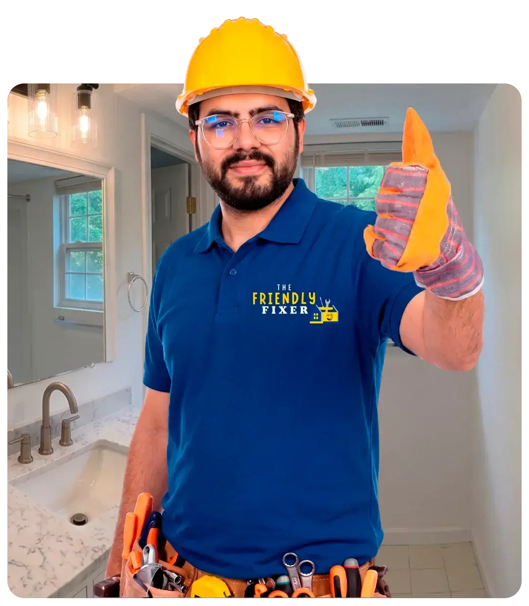 A smiling professional contractor wearing a yellow hard hat, safety glasses, blue polo shirt, and a fully stocked tool belt giving a thumbs-up inside a residential bathroom.