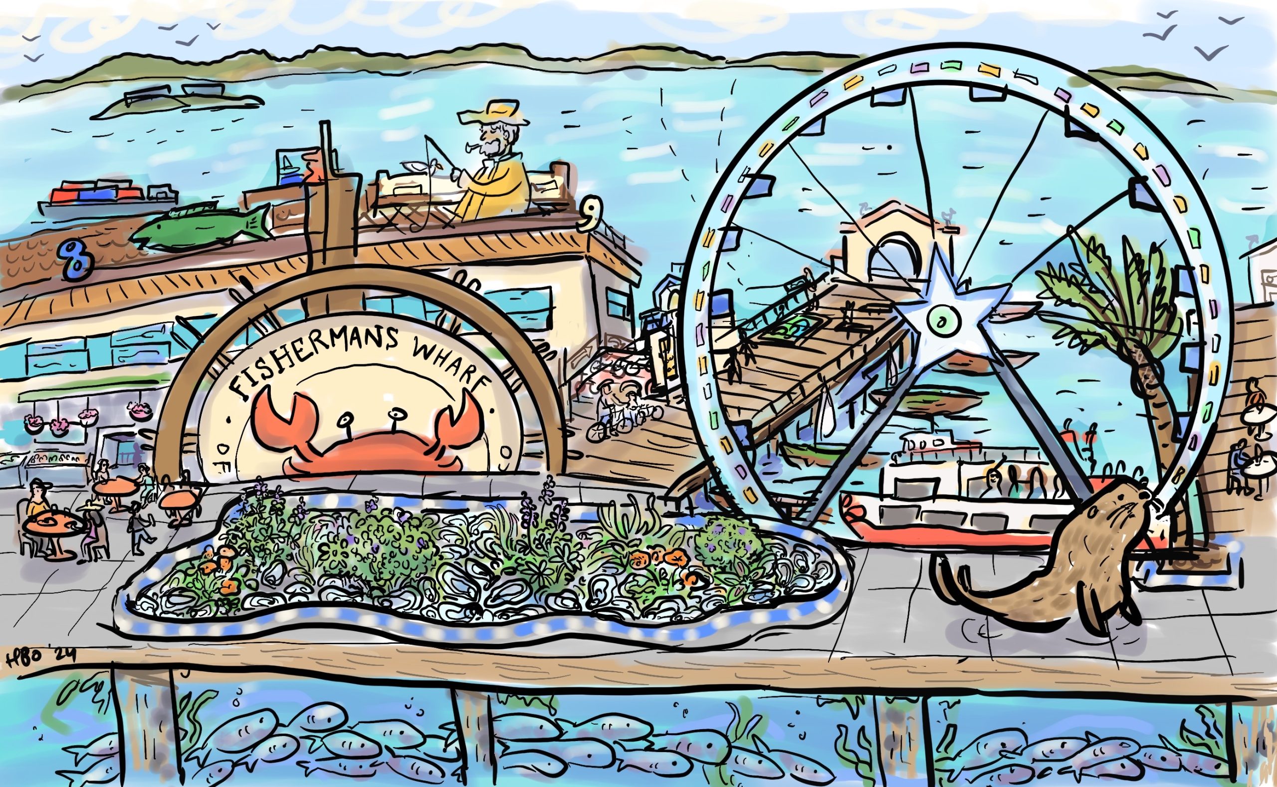 A color drawing that imagines a redesigned Fisherman's Wharf.