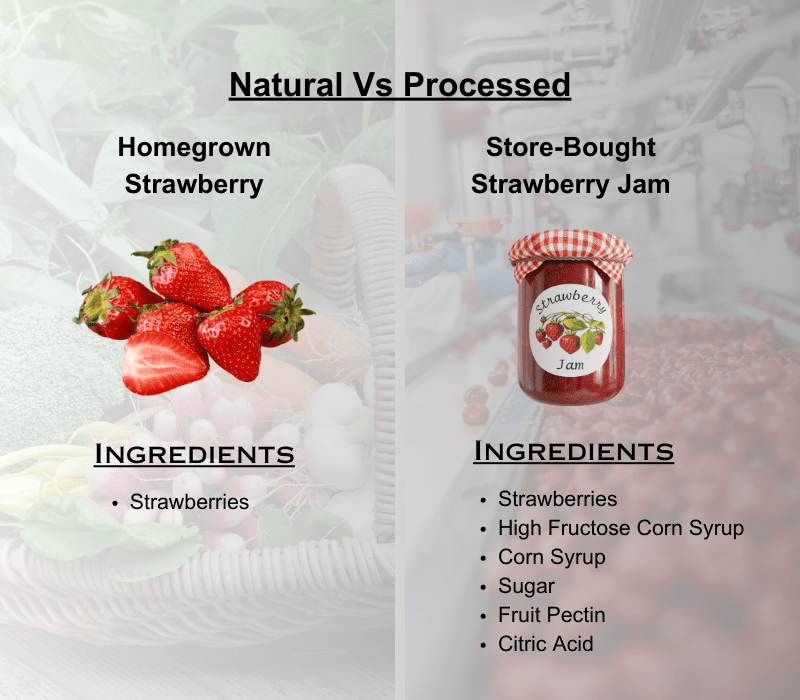 A side-by-side comparison between the ingredients of a simple strawberry and its processed strawberry jam counterpart