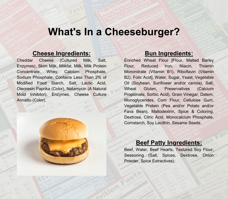 A breakdown of ingredients in a plain cheeseburger that highlights how much processing is involved
