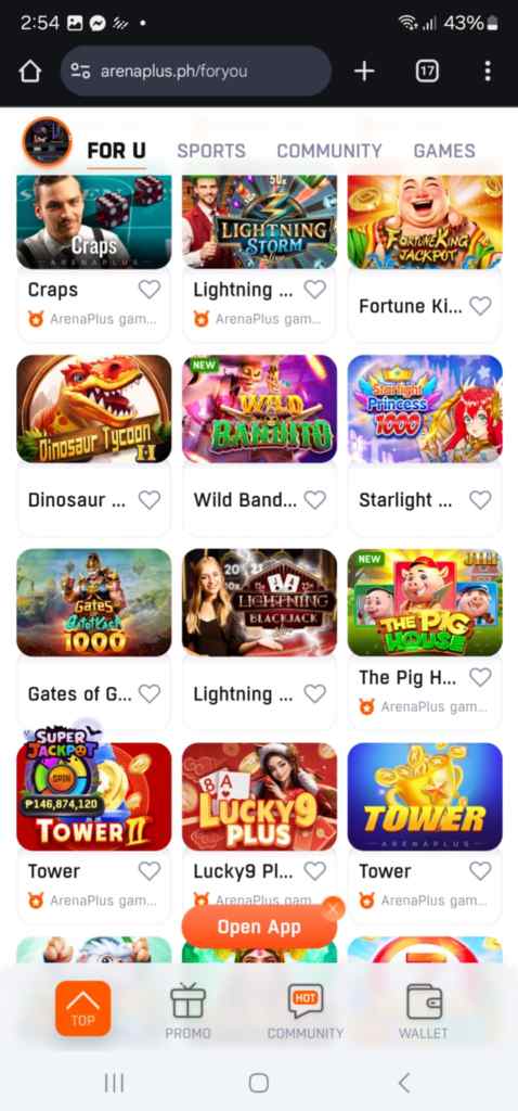 Arena Plus Game Selection