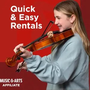Young woman playing a violin on a red background with the text 'Quick & Easy Rentals' and a Music & Arts Affiliate logo.