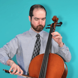 Bearded man in a light blue shirt and patterned tie playing a cello against a teal background.