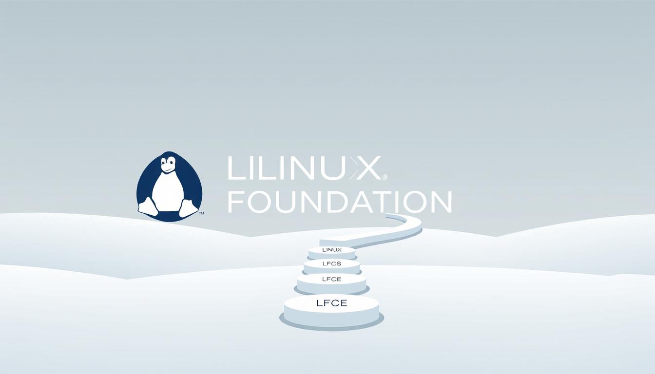 A sleek, minimalist illustration showcasing the Linux Foundation certification path. In the foreground, a stylized representation of the Linux Foundation logo takes center stage, conveying the authority and prestige of the organization. Behind it, a winding path stretches out, representing the progression from beginner to expert-level Linux certifications. The path is lined with stepping stones, each labeled with the specific certification titles, such as "Linux Essentials", "LFCS", and "LFCE". The background features a clean, gradient-based landscape, with subtle textures and muted colors to create a sense of depth and focus on the certification path. The overall tone is one of professionalism, clarity, and a clear roadmap for Linux skill development.