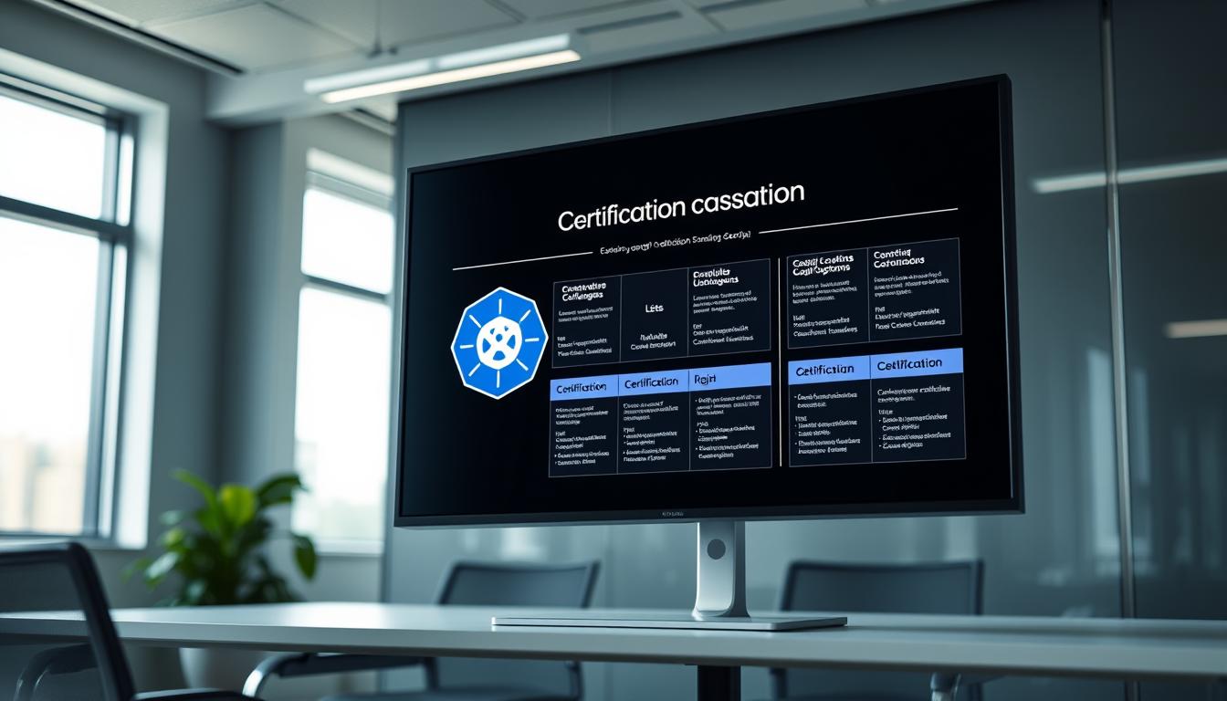 A sleek, modern office setting with a large monitor displaying the Linux Foundation logo prominently. On the screen, a detailed visual of the Kubernetes certification program, showcasing its structure, key modules, and certification paths. The workspace is well-lit, with a clean, minimalist design. The monitor is angled slightly towards the viewer, inviting them to explore the content. The overall mood is one of professionalism, expertise, and the promise of mastering Kubernetes through the Linux Foundation's comprehensive certification program. A sleek, modern office setting with a large monitor displaying the Linux Foundation logo prominently. On the screen, a detailed visual of the Kubernetes certification program, showcasing its structure, key modules, and certification paths. The workspace is well-lit, with a clean, minimalist design. The monitor is angled slightly towards the viewer, inviting them to explore the content. The overall mood is one of professionalism, expertise, and the promise of mastering Kubernetes through the Linux Foundation's comprehensive certification program.