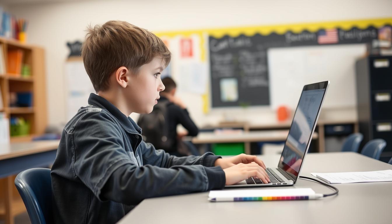 Middle school student using laptop for schoolwork