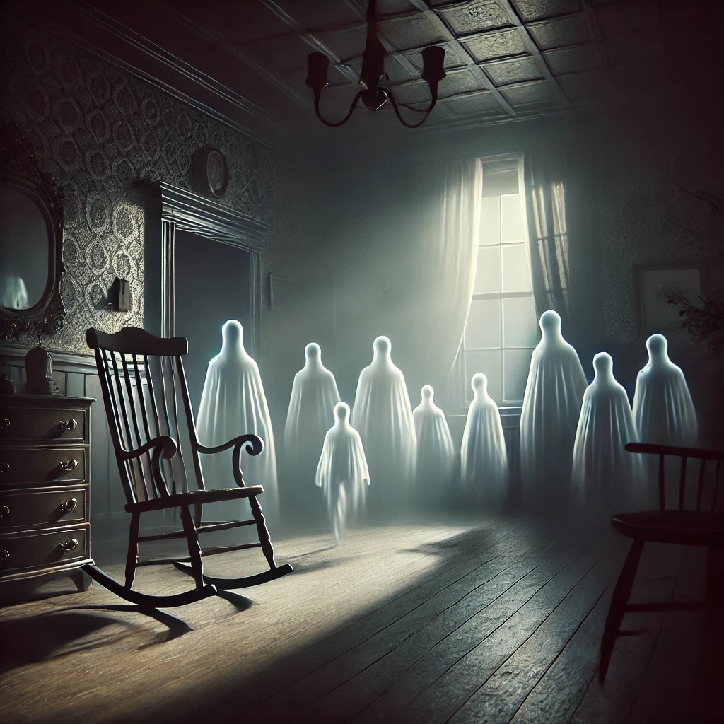"Illustration of a dimly lit room with ghostly figures walking in repetitive loops, symbolizing paranormal looping