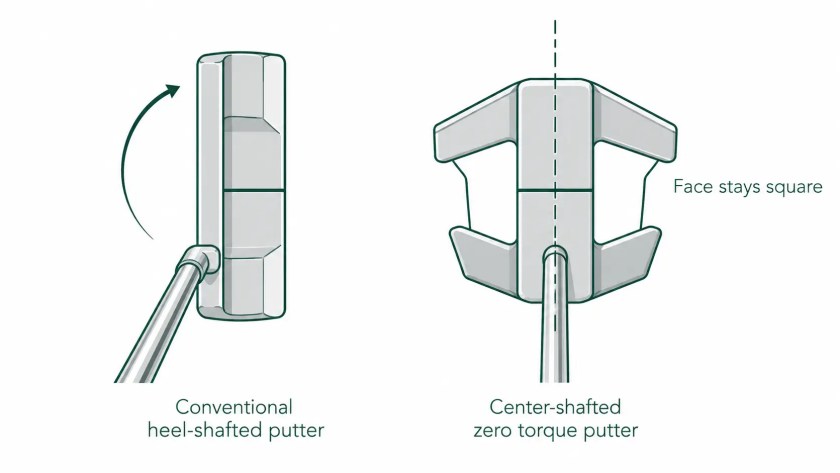 heel-shafted putter versus zero torque putter diagram showing face rotation