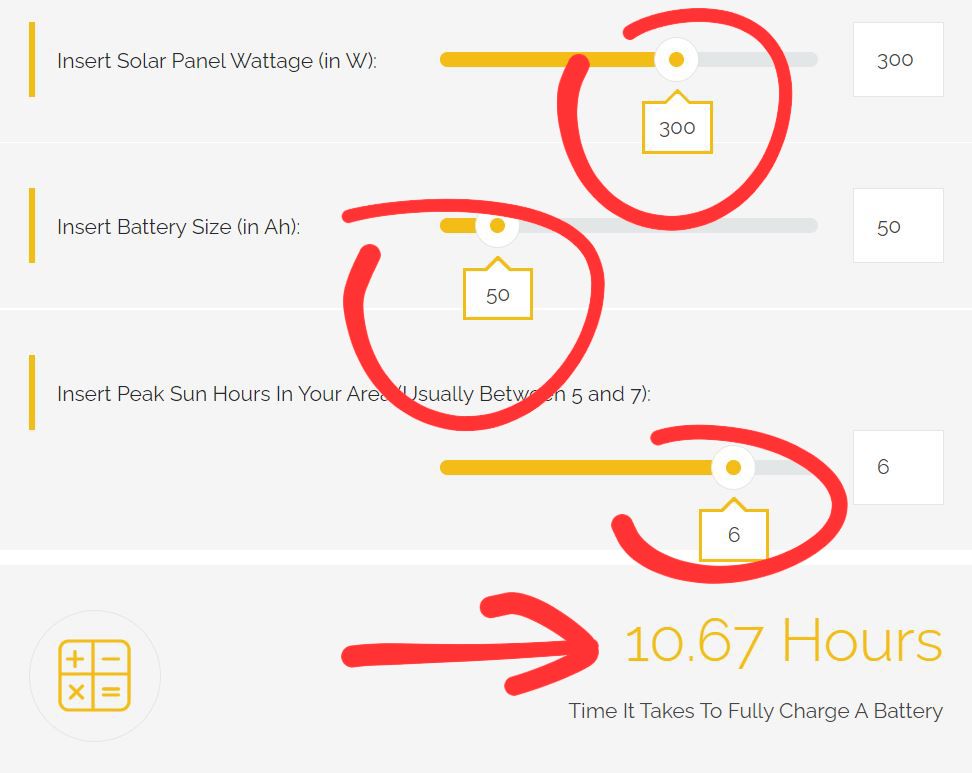 Solar panel charge time calculator for 12v batteries (100w-500w panels)