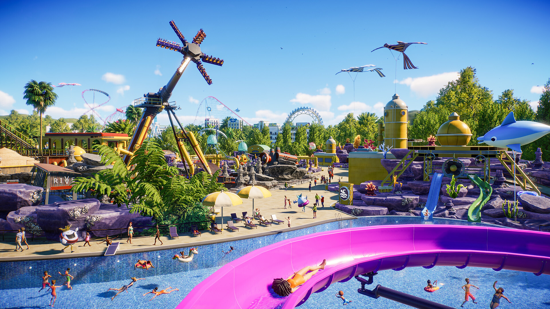 Planet Coaster 2 Park Overview Pool and Slide